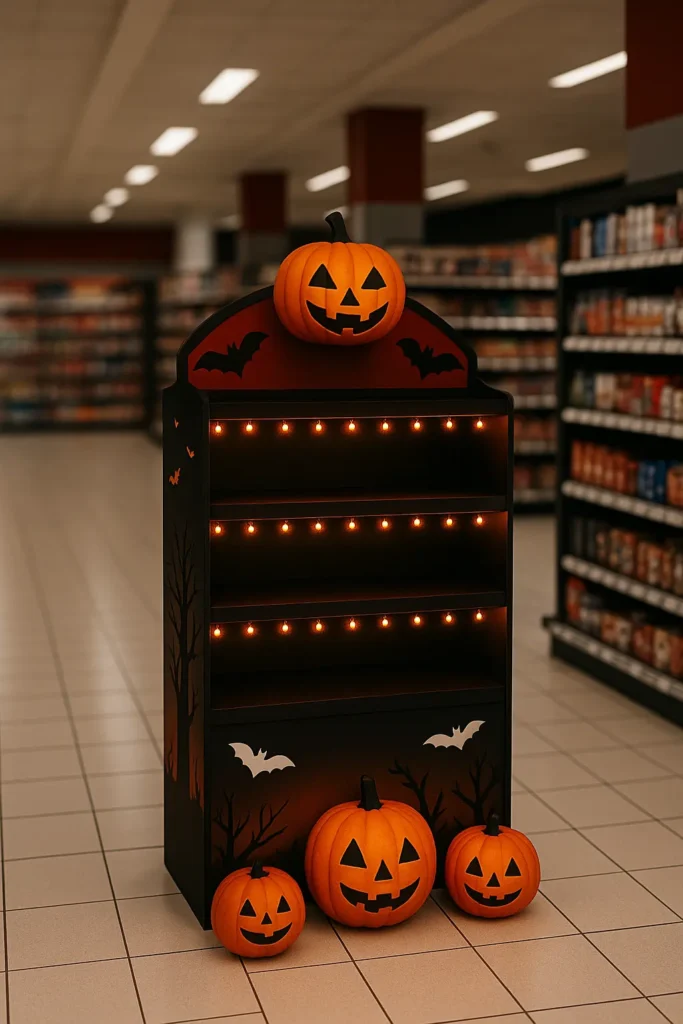 Expositor de punto de venta decorado con luces y calabazas de Halloween en un pasillo de supermercado, con vinilos y detalles en rojo oscuro y negro