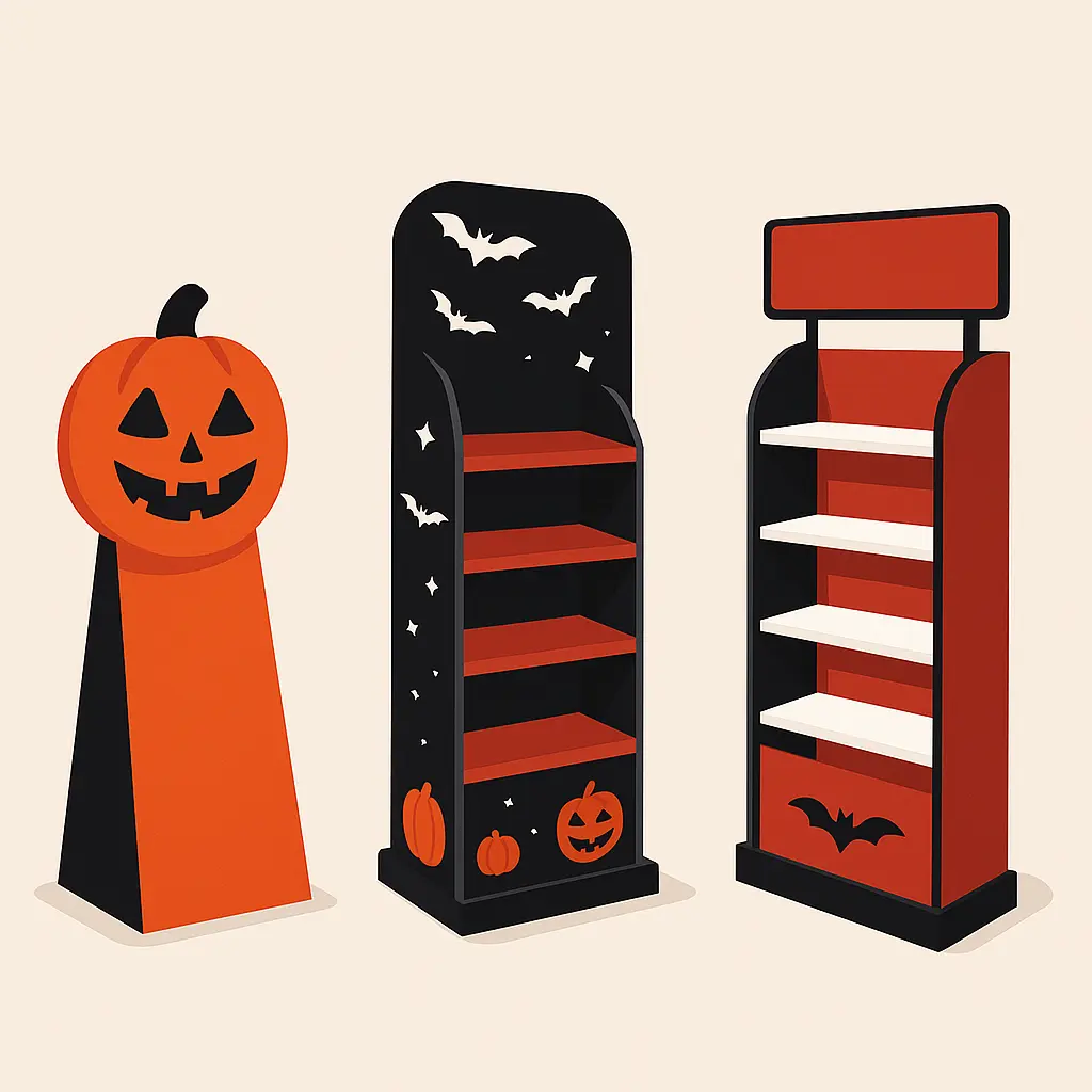 Tres tipos de expositores de PLV inspirados en Halloween, con diseños personalizados de calabaza, murciélagos y colores rojo oscuro, negro y naranja