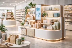 Expositor de PLV moderno con packaging sostenible en un espacio de retail contemporáneo, representando las tendencias de diseño para 2026