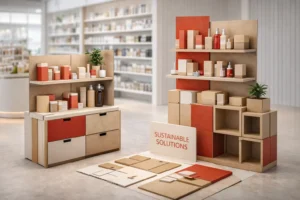 Expositores de PLV modulares con predominio de tonos rojos y materiales versátiles, diseñados para adaptarse a distintas campañas en el punto de venta