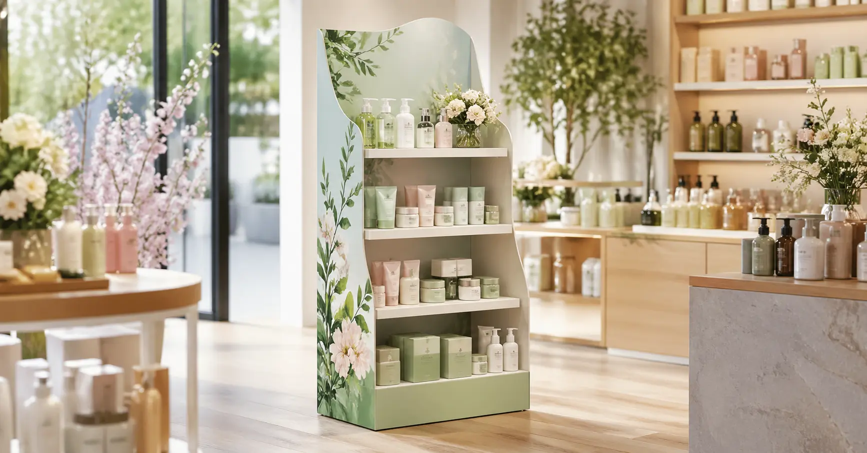 Expositor de PLV con diseño primaveral en tienda, adaptado a campaña estacional con colores suaves y elementos naturales