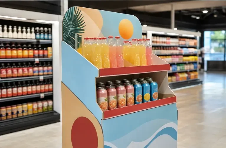 Display PLV de cartón para bebidas de verano en supermercado, diseñado para mejorar la visibilidad del producto