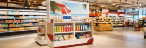 Expositor PLV para campañas de verano en tienda con productos de temporada y diseño promocional personalizado