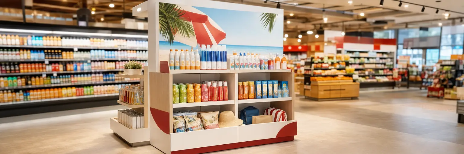 Expositor PLV para campañas de verano en tienda con productos de temporada y diseño promocional personalizado