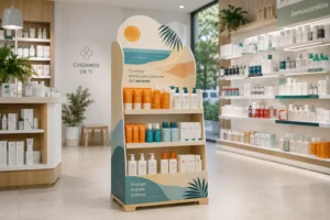Expositor PLV de verano en farmacia con productos solares y cuidado personal, diseñado para mantener la visibilidad de marca en temporada estival